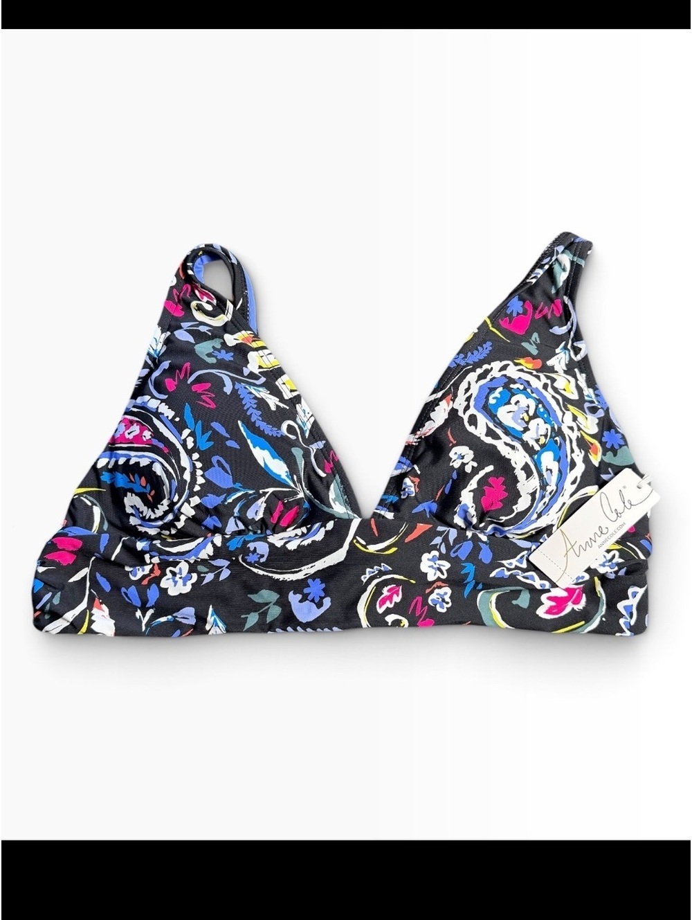 ANNE COLE black multi color paisley tie back bikini top size Large $64 NWT